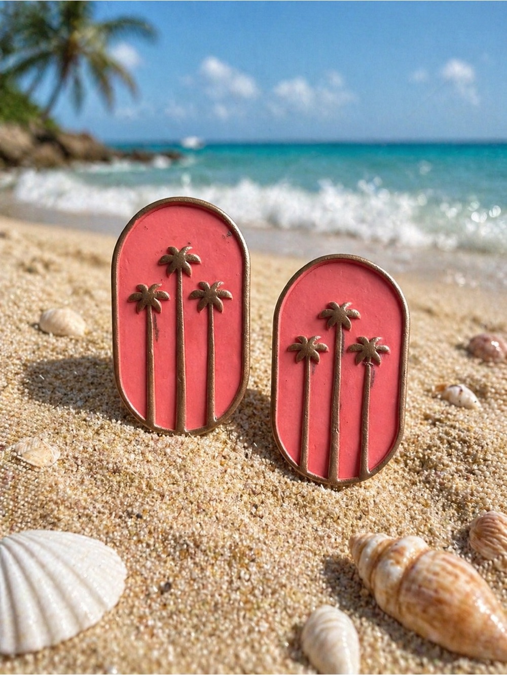 Coral Palm Tree Stud Handmade Polymer Clay Earrings